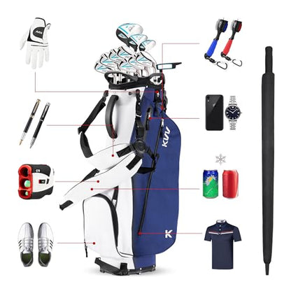 KVV Lightweight Golf Stand Bag with 7 Way Full-Length Dividers, 5 Zippered Pockets, Automatically Adjustable Dual Straps，Elegant Design - color: Blue/White