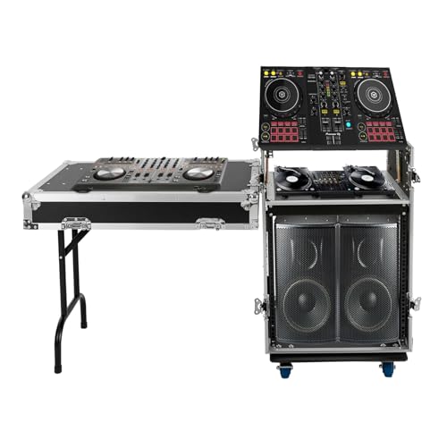 12U PA DJ Pro Audio Rack Road Case w/Slant Mixer Top, Heavy Duty Mobile Studio Equipment Cabinet, Network and Stereo Rack DJ Mixer Rack for Mixers & Live Sound - size: 12U / Side Tables
