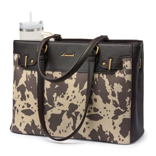 LOVEVOOK Laptop Tote Bag for Women Work, Teacher Tote Bag with Large Cup Holder, Waterproof Leather Computer Bag - color: Brown Leopard Print, size: 15.6 inch