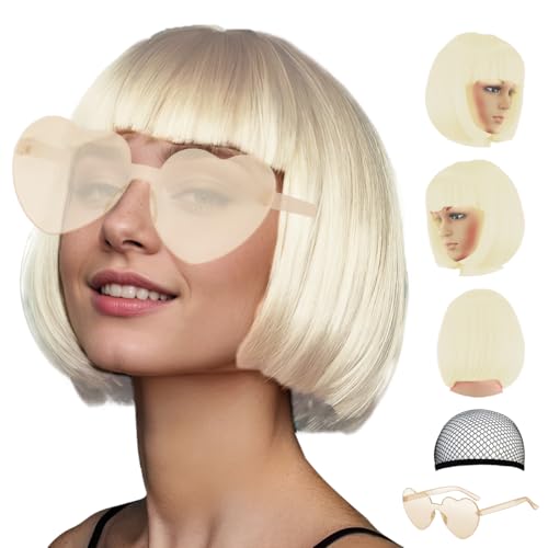 LIULIUBTY Short Bob Hair Wigs Straight with Flat Bangs Synthetic Colorful Cosplay Daily Party Neon Wig for Women + Free Wig Cap 12" Natural As Real (Light Blond) - color: Curly Wavy , Blue