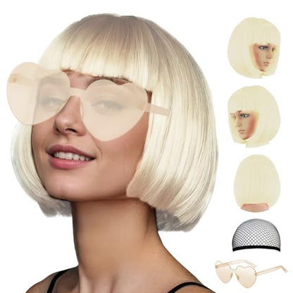 LIULIUBTY Short Bob Hair Wigs Straight with Flat Bangs Synthetic Colorful Cosplay Daily Party Neon Wig for Women + Free Wig Cap 12" Natural As Real (Light Blond) - color: Curly Wavy , Blue