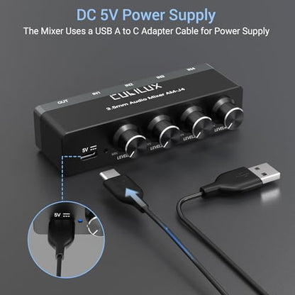 Cubilux 4-Channel 3.5mm Audio Mixer, Ultra-Low-Noise Mini Audio Mixer for Sub-Mixing, 1/8 TS/TRS Input, Stereo Switcher Suitable for Guitars, Bass, Keyboards