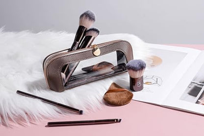 Travel Makeup Brush Set BS-MALL Ultra-Soft Synthetic Bristles Eyeshadow Brush, Foundation Brush for Liquid Makeup, Double-ended Travel Bag & Triangle Puff - Travel-friendly Multi-purpose Kit 10 Pcs
