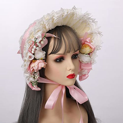 COSDREAMER Girls Women Victorian Bonnets Lace Flowers Tea Party Hats - color: Pink