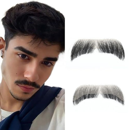 Hand-Tied Human Hair Fake Beard and Mustache for Costumes and Theater | Hand-knotted human hair on lightweight lace creates natural-looking facial hair for costumes, cosplay, theater and film - color: Style 4--black