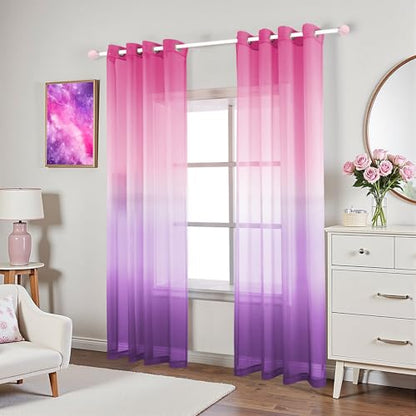 KOUFALL Purple and Hot Pink Sheer Curtains 2 Panels 84 Inches Long,Preppy Princess Coquette Curtains for Teen Girls Bedroom - color: Pink and Purple, size: 52"W x 84"L (Pack of 2)