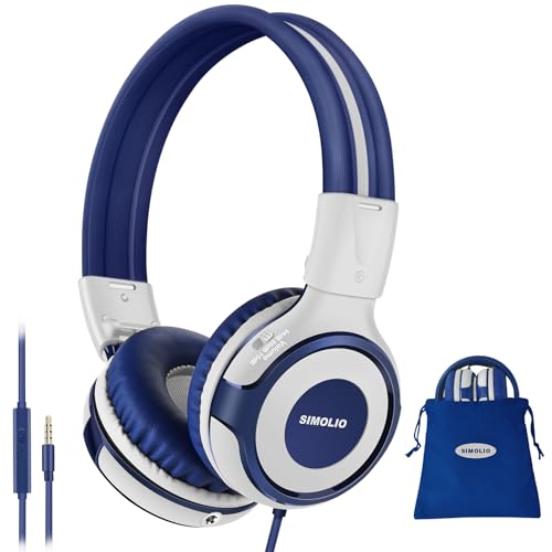 SIMOLIO Manyshare Series- Wired Kids Headphones with Microphone for School, 75/85/94dB Volume Limit, Share Port for Boys iPad Computer, Foldable Headset with Carry Pouch for Travel Plane Gaming, Gray - color: Grey