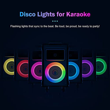 JYX Karaoke Machine with 2 Wireless Mics, 10" Woofer 500W Peak Power Big Portable Bluetooth Speaker with Bass/Treble Adjustment, PA System with Remote Control, LED Lights, Rolling Wheels and Trolley - color: Black