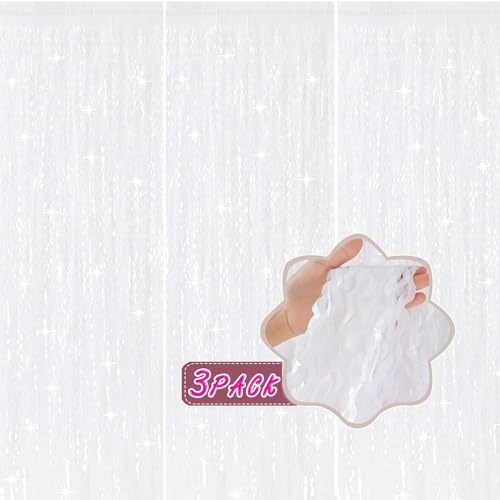 3Pcs Wavy White Metallic Tinsel Curtain Foil Fringe Backdrop,3.3 ft x 6.6 ft Streamer Photo Booth Props for Party Door Wall Curtains Bachelorette Birthday - color: Pure White