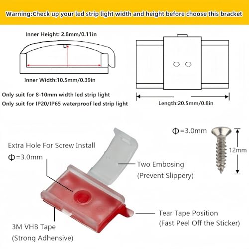 100 Pack Strip Light Clips LED Strip Light Mounting Clip for 8-10mm IP20/65 | LED Light Holder Clips,Self Adhesive LED Strip Mounting Clip,LED Tape Light Mounting Brackets With Screws - color: Clear