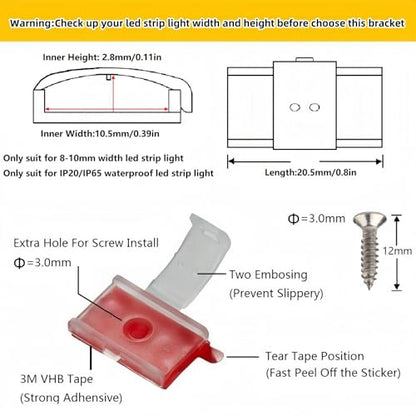 100 Pack Strip Light Clips LED Strip Light Mounting Clip for 8-10mm IP20/65 | LED Light Holder Clips,Self Adhesive LED Strip Mounting Clip,LED Tape Light Mounting Brackets With Screws - color: Clear