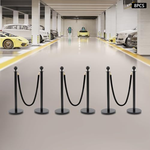8 Pack Black Stainless Steel Stanchion Post with 4pcs 5FT Velvet Ropes, Red Carpet Ropes and Poles, Metal Crowd Control Barriers with Ball Top and Base for Events Hotels Museums
