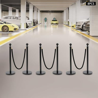 8 Pack Black Stainless Steel Stanchion Post with 4pcs 5FT Velvet Ropes, Red Carpet Ropes and Poles, Metal Crowd Control Barriers with Ball Top and Base for Events Hotels Museums