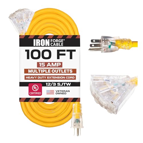 Iron Forge Cable 100ft Outdoor Extension Cord, Lighted with 3 Electrical Power Outlets - 12/3 Gauge SJTW Heavy Duty Extension Cable, Yellow, 15 AMP - 3 Pronged with Grounded Plug for Improved Safety - size: 100 ft