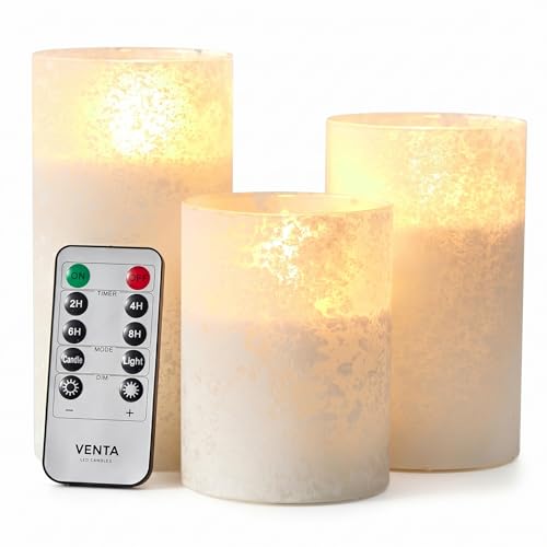 VENTA Frosted Glass LED Candles, Set of 3 | Warm Amber Flickering Pillar Candles with Remote | Creates Cozy, Relaxing Hygge Ambiance for Bedroom & Living Room - color: Foggy