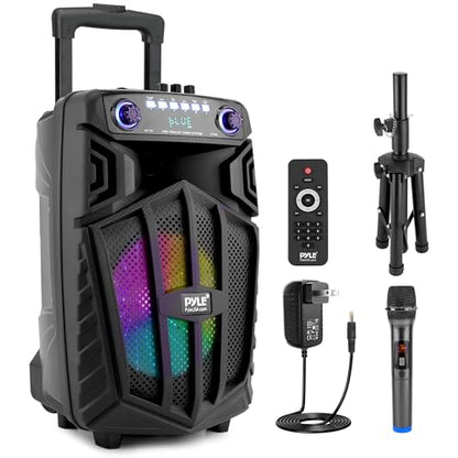 Pyle 680W Portable Bluetooth PA Speaker - 10" Rechargeable Outdoor Karaoke Speaker, Audio System w/Wireless Mic and Wheels, TWS, Lights, LED Display, 6.5mm Mic Input, FM/AUX/MP3/USB/SD - size: 10-inches