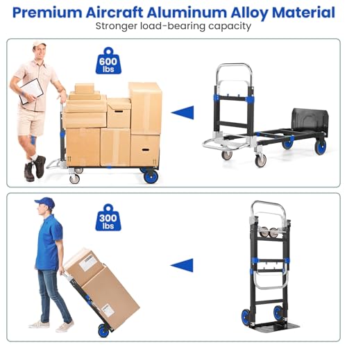 3-in-1 Folding Hand Truck, 600lb Convertible 4 to 2 Wheel Dolly Cart Blue | For home office warehouse garage farm gym, carbon steel frame, base expands 35-44in, swivel rubber wheels, folds flat - color: Blue
