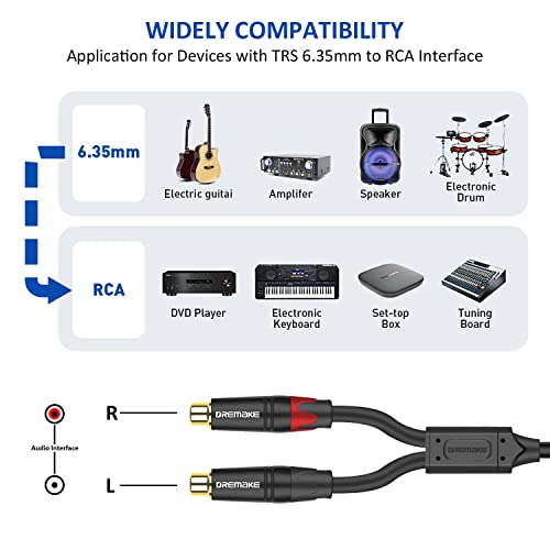 RCA to 6.35mm Y Breakout Cable, 3FT TRS 6.35mm 1/4 Inch to 2 RCA Plug Audio Insert Cable, 1/4'' Male to Dual RCA Female, Quarter Inch TRS to RCA Interconnect Cord for TV, Home Theater System