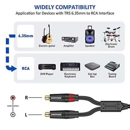 RCA to 6.35mm Y Breakout Cable, 3FT TRS 6.35mm 1/4 Inch to 2 RCA Plug Audio Insert Cable, 1/4'' Male to Dual RCA Female, Quarter Inch TRS to RCA Interconnect Cord for TV, Home Theater System