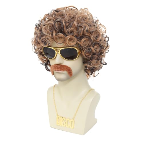 ByouByou 70s 80s Retro Disco Men Afro Wig Set, Pre-Styled Fluffy Curly Synthetic Wig with Accessories, Halloween Cosplay Costume Kit (Blonde Mixed Brown) - color: Blonde Mixed Brown