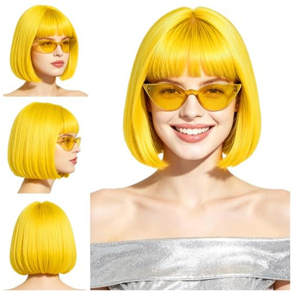 Short Bob Straight Hair Wigs with Bangs, Synthetic Fiber Colorful Hair, Cat Eye Glasses for Women (Yellow) - color: Yellow
