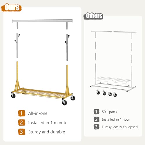 Gewudraw Clothes Rack Heavy Duty 530 LBS Capacity, Portable, Foldable, Gold | Rolling Clothing Rack With 4" Wheels,Shelf, Hooks, Adjustable, Collapsible, Garment Rack for Wardrobe,Bedroom, Laundry Room - color: Gold, style: Single Rod