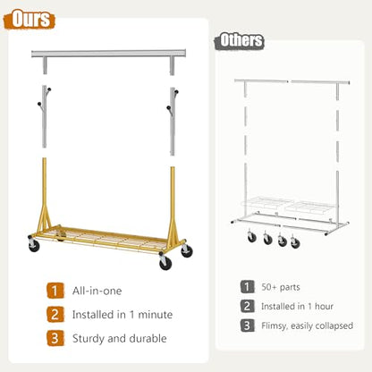 Gewudraw Clothes Rack Heavy Duty 530 LBS Capacity, Portable, Foldable, Gold | Rolling Clothing Rack With 4" Wheels,Shelf, Hooks, Adjustable, Collapsible, Garment Rack for Wardrobe,Bedroom, Laundry Room - color: Gold, style: Single Rod