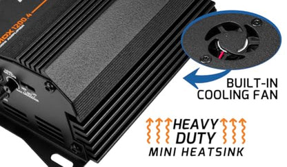 PRV Audio MDX1200.4 2 Ohm Mini 4 Channel Car Audio Amplifier 4 x 300 Watts RMS at 2 Ohm - 1200 Watt 12 Volts Bridgeable Amp for Powersports, Motorcycles, ATV, for High Power Stereo Speaker Systems
