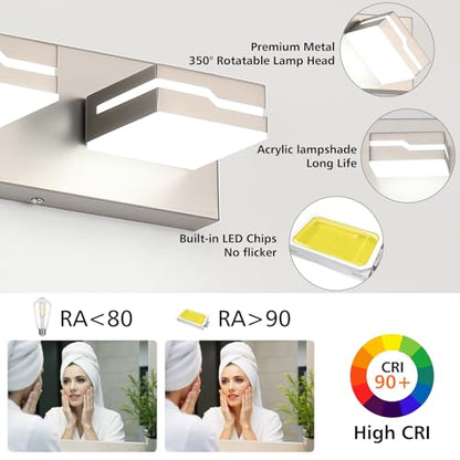 3-Light LED Bathroom Vanity Light, 19 Inch Modern Brushed Nickel | Vanity Light Fixture, Dimmable Bathroom Lighting Over Mirror with 350° Adjustable Acrylic Heads, 5500K Daylight White - color: Nickel-5500K-Dimmable, size: 3-Light, 19-inch