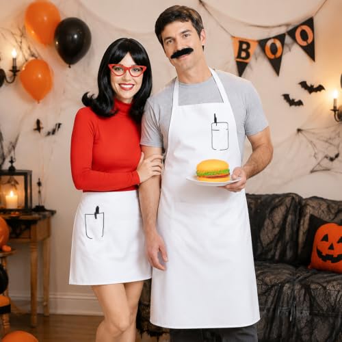 MOVINPE Burger Shop Couple Costume Set for Adults, Chef & Waitress Outfit with Aprons, Wig, Beard, Glasses & Hamburger Prop – Funny Restaurant-Themed Halloween Cosplay for Men & Women