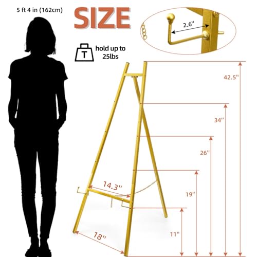 WRINGKIT Gold Easel Stand for Sign, Heavy Duty Art Easel with 4 Tier | Metal Adjustable Display Stand, 42.5'' Height Large Floor Standing Easel for Painting, Poster, Mirror, Welcome Wedding Signs