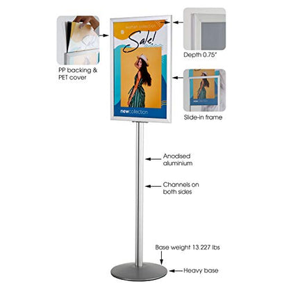 M&T Displays Sign Holder Stand, Silver 18x24 Inch Poster Frame Double Sided Slide-In Aluminum Easy Loading Floor Standing Pedestal Advertisement Post Commercial Menu Holder Round Heavyweight Base - color: Silver