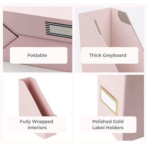BLU MONACO | Cardboard Magazine File Holder Set of 6 Pink | Vertical Magazine File Holder with Gold Label Slots | Standing File Holder and Cardboard Bins for Shelves Desk Storage - color: Pink
