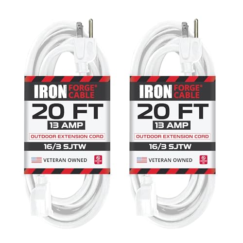 Iron Forge Cable 16 Gauge Heavy Duty White Extension Cord, 20 Ft - SJTW | 16/3 SJTW Cable, 2 Pack, 3 Prong Grounded Plug, 13 Amp - For Landscaping, Leaf Blowers, Lights, Appliances - size: 20 Foot - 2pk