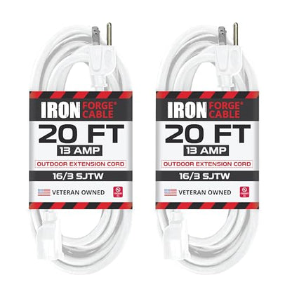 Iron Forge Cable 16 Gauge Heavy Duty White Extension Cord, 20 Ft - SJTW | 16/3 SJTW Cable, 2 Pack, 3 Prong Grounded Plug, 13 Amp - For Landscaping, Leaf Blowers, Lights, Appliances - size: 20 Foot - 2pk
