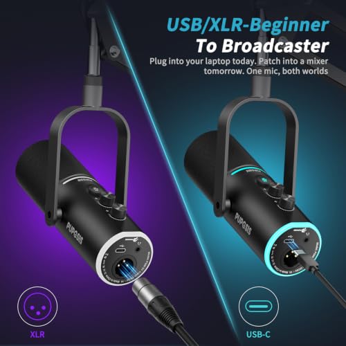 XLR/USB Dynamic Podcast Microphone for Streaming/Recording/Gaming | Mute Button, Reverb Effects, Noise Cancellation, RGB Light Boom Arm Stand, Headphones Jack,SNR>85dB - size: With Boom Arm
