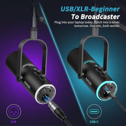 XLR/USB Dynamic Podcast Microphone for Streaming/Recording/Gaming | Mute Button, Reverb Effects, Noise Cancellation, RGB Light Boom Arm Stand, Headphones Jack,SNR>85dB - size: With Boom Arm