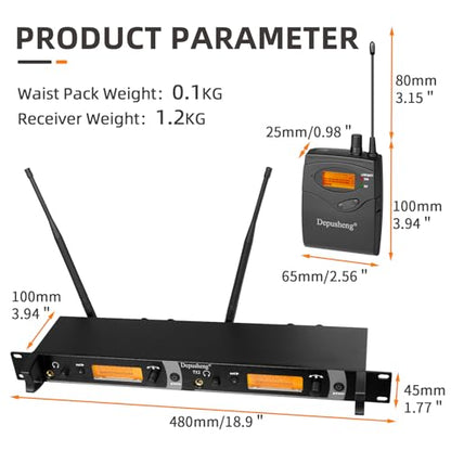 Depusheng TX2 Wireless in Ear Monitor System, 2-Channel Wireless IEM System, Metal IEM w/ 2 Bodypacks, Rack Mount - size: TX2