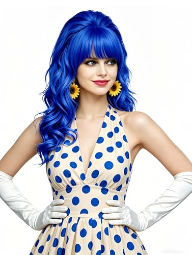 Rugelyss Long Wavy Blue Wig with Bang Big Bouffant Beehive Wigs for Women fits 80s Costume or Halloween Party - color: Blue
