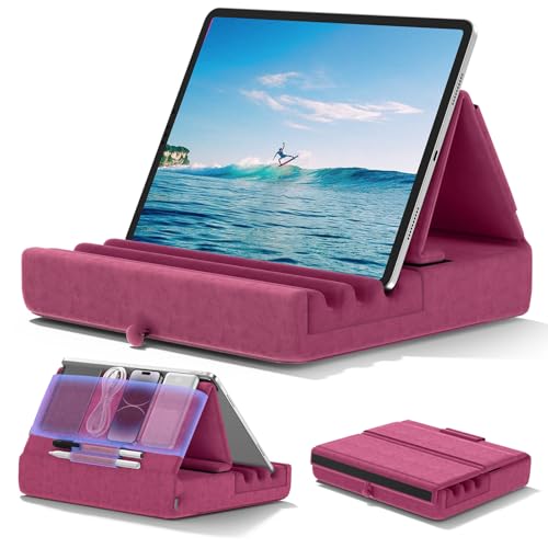 KDD Tablet Pillow Holder, Foldable iPad Stand for Lap, Bed and Desk -Tablet Soft Pad Dock with Pocket & Stylus Mount Compatible with iPad Pro 12.9, 10.5, 9.7 Air Mini 6 5 4 3, Galaxy Tab, E-Reader - color: Purple