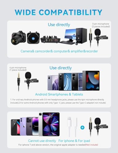 Lavalier Clip on Microphone, Portable Lav Mic for Android Smartphone Camera Podcast Laptop, Hands Free Recording Mic for YouTube,Interview,Video (3 Packs)
