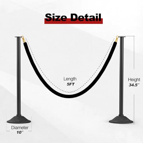 RoadHero Stanchions Post with Black Velvet Ropes, Weighted Base, 34", 2 PCS - color: Black