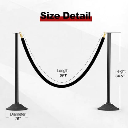 RoadHero Stanchions Post with Black Velvet Ropes, Weighted Base, 34", 2 PCS - color: Black