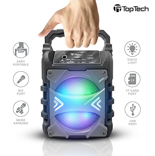 Top Tech Jet-4 Bluetooth Speaker, 400W, 4" Woofer, Rich Bass, 6hr Playtime, Disco Lights, Karaoke Mode, TWS, 100ft Range, USB, TF, Mic Input, Portable Speaker (Grey) - color: Grey