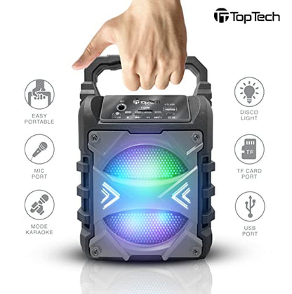 Top Tech Jet-4 Bluetooth Speaker, 400W, 4" Woofer, Rich Bass, 6hr Playtime, Disco Lights, Karaoke Mode, TWS, 100ft Range, USB, TF, Mic Input, Portable Speaker (Grey) - color: Grey