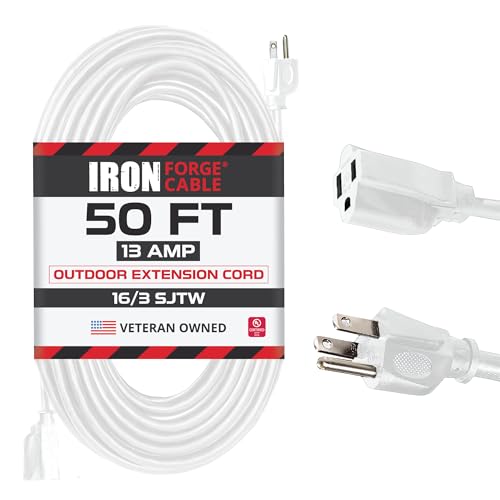 Iron Forge Cable 16 Gauge Heavy Duty White Extension Cord, 50 Ft - SJTW | 16/3 SJTW Cable, 3 Prong Grounded Plug, 13 Amp - For Landscaping, Leaf Blowers, Lights, Appliances - size: 50 Foot