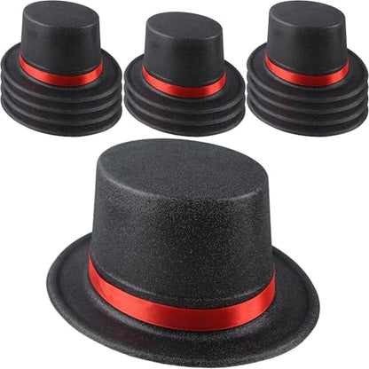 12 Pack Adults Top Hats Bulk Black Glitter Top Hat with Red Band Plastic Magician Hat for Men Women Dress Up Supply - color: Color Style 2 ( Pvc Glitter )