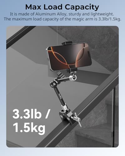 SMALLRIG Magic Arm Clamp w/ 1/4 and 3/8 Thread Holes, 9.8 Inches Adjustable | Articulating Magic Arm with Phone Holder for Action Cameras, Smartphones, LCD Monitor/LED Lights - 5326 - size: 9.8''+phone clamp