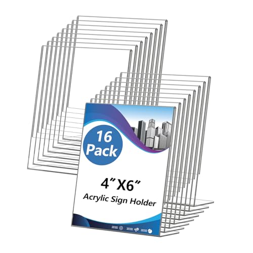 Acrylic Sign Holder 4x6 Inches, 16 Pack Clear Plastic Table Flyer Display Stand, L-Shape Vertical Menu Paper Holder Stand, Clear Picture Photo Flyer Display Stand for Restaurants, Store Fair,Office - size: 16 Pack-L Shape-4X6