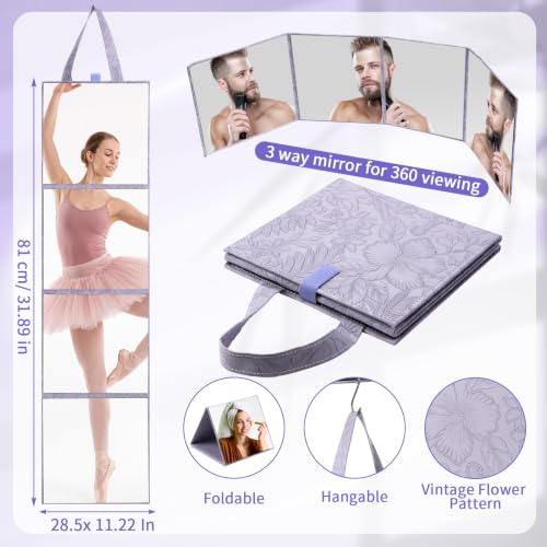 3 Way Foldable Full Length Mirror with Handle 31.89 x 11.22 Inches Leather Portable Camping Travel Hanging Folding Body Mirror for Makeup Dance Fitness Spa Hair Styling(Morandi Purple,Retro)